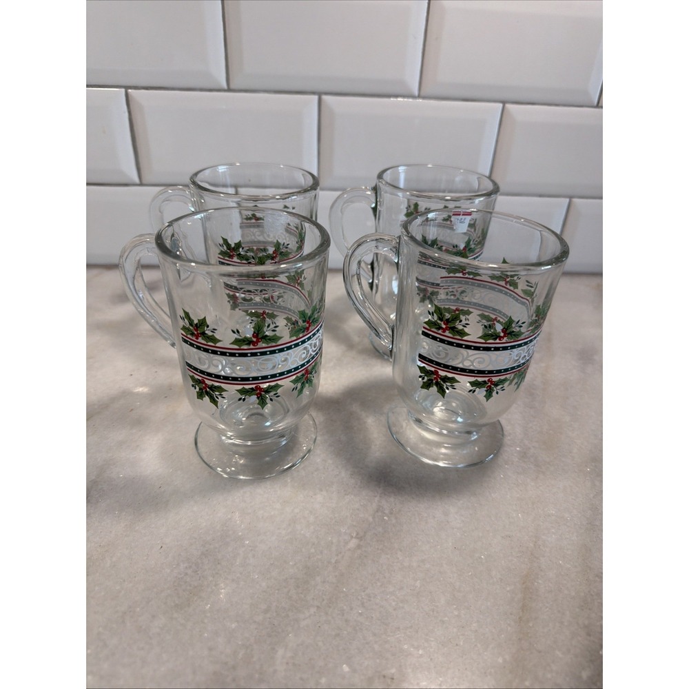 Vintage Libbey Holly Berries Irish Coffee Mugs Set of 4 Christmas Glass